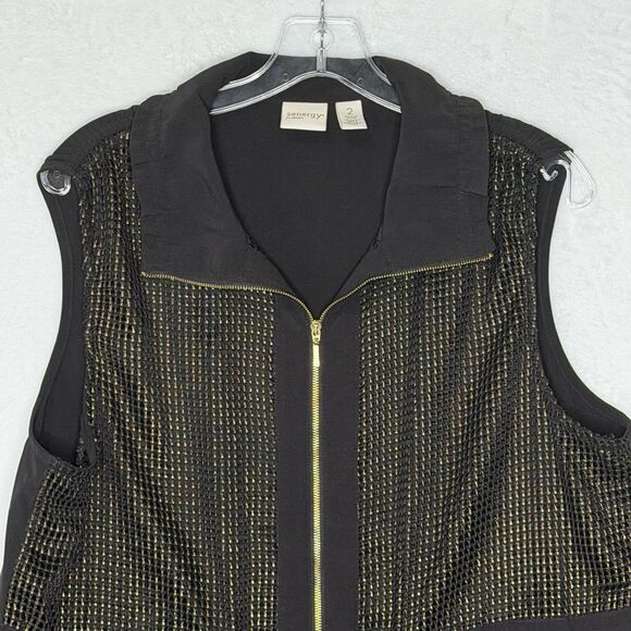 Chico's Zenergy Neema Mesh Foil Front Vest 2 Large 12 Gold Black Full Zip Cinch - Picture 5 of 16